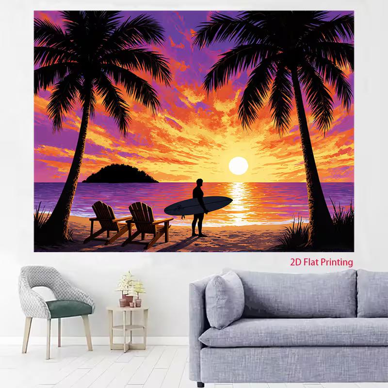 2D Coastal Wall Tapestry, Vibrant Beach Sunset with Palm Trees