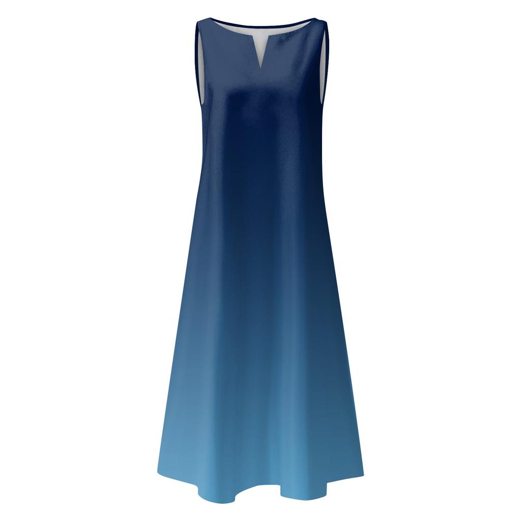 Fashion Women V-neck Gradient Printing Sleeveless Tunic Dresses Plus Size T-shirt Dress