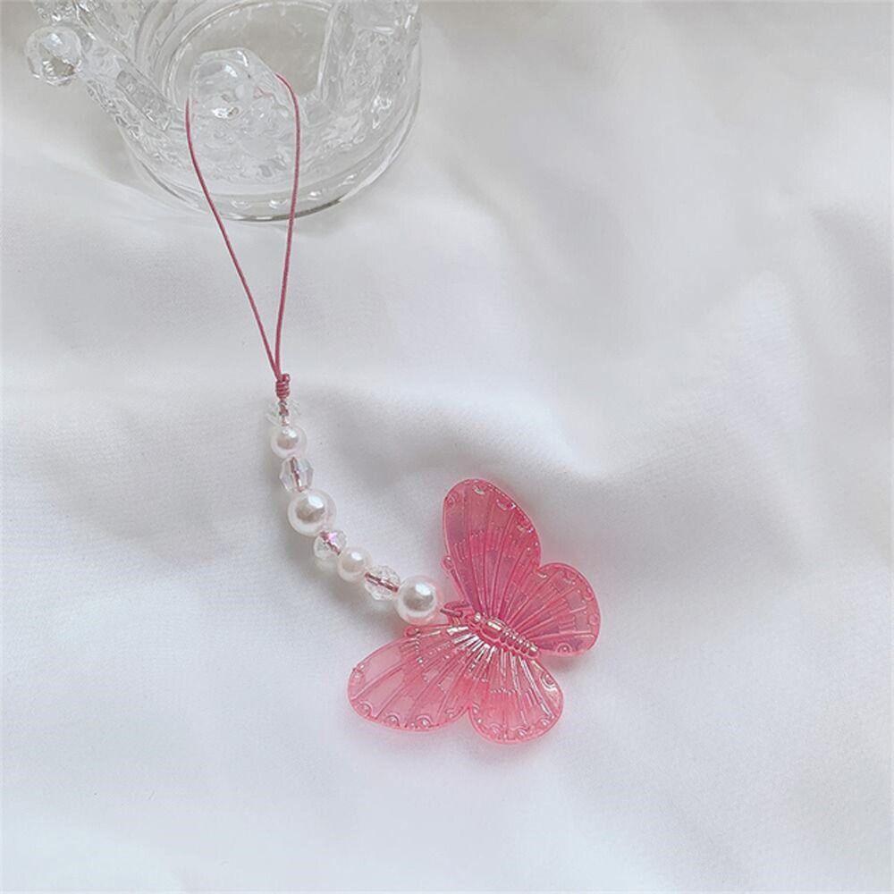 Rope Pearl Beads Hand Strap Mobile Phone Straps Wrist Hand Lanyard Luminous Butterfly Pendant
