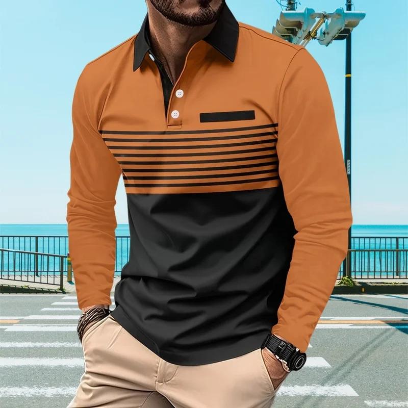 Mens Polo Shirts 3D Stripe Colorblock Print Fashion Sports Lapel Golf T-Shirt Men Tops Casual Long Sleeve T-Shirt Man Clothes