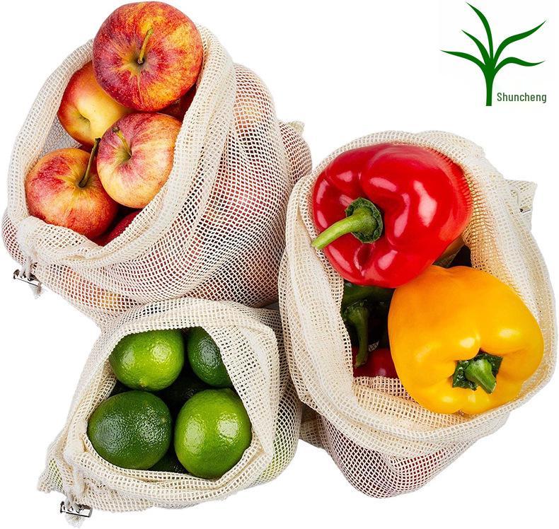 Eco-friendly Pure Cotton Mesh Drawstring Bag for Fruit & Vegetables