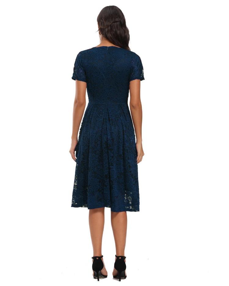 Bright Deer Women's Lace Cocktail Dress V Neck Short Sleeve Fitted Waist Midi Prom Bridesmaid Wedding Guest Party Evening Occasion Outfit