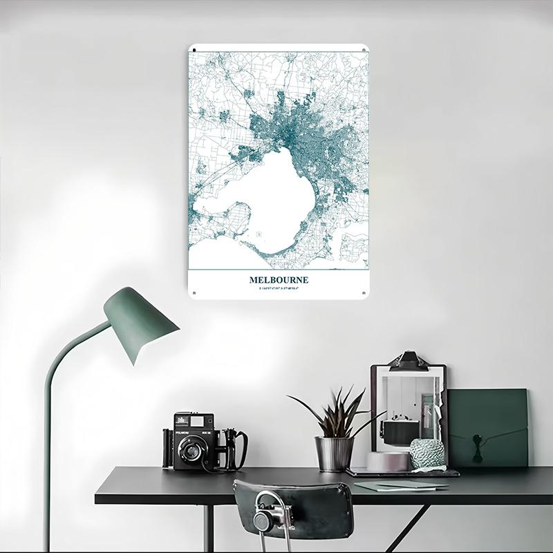 Melbourne City Map Teal on White Tinplate Poster Customized Wall Art Vintage Metal Signs Retro Tin Plaque for House Office Decor