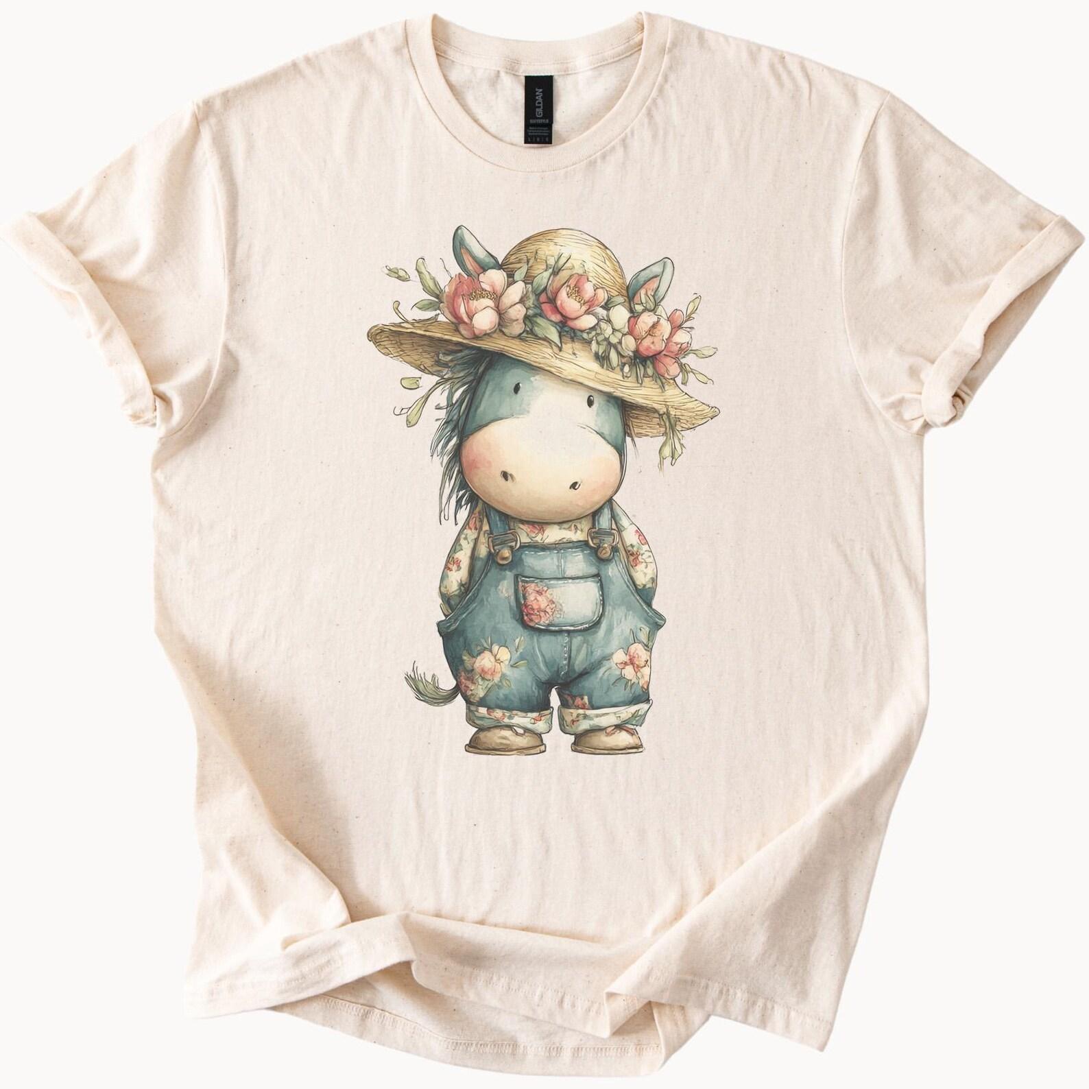 Cute Donkey Wearing Floral Overalls and Straw Hat Graphic Tee Pastel Farm Animal Shirt Country Aesthetic Flower Art TShirt Gift 150