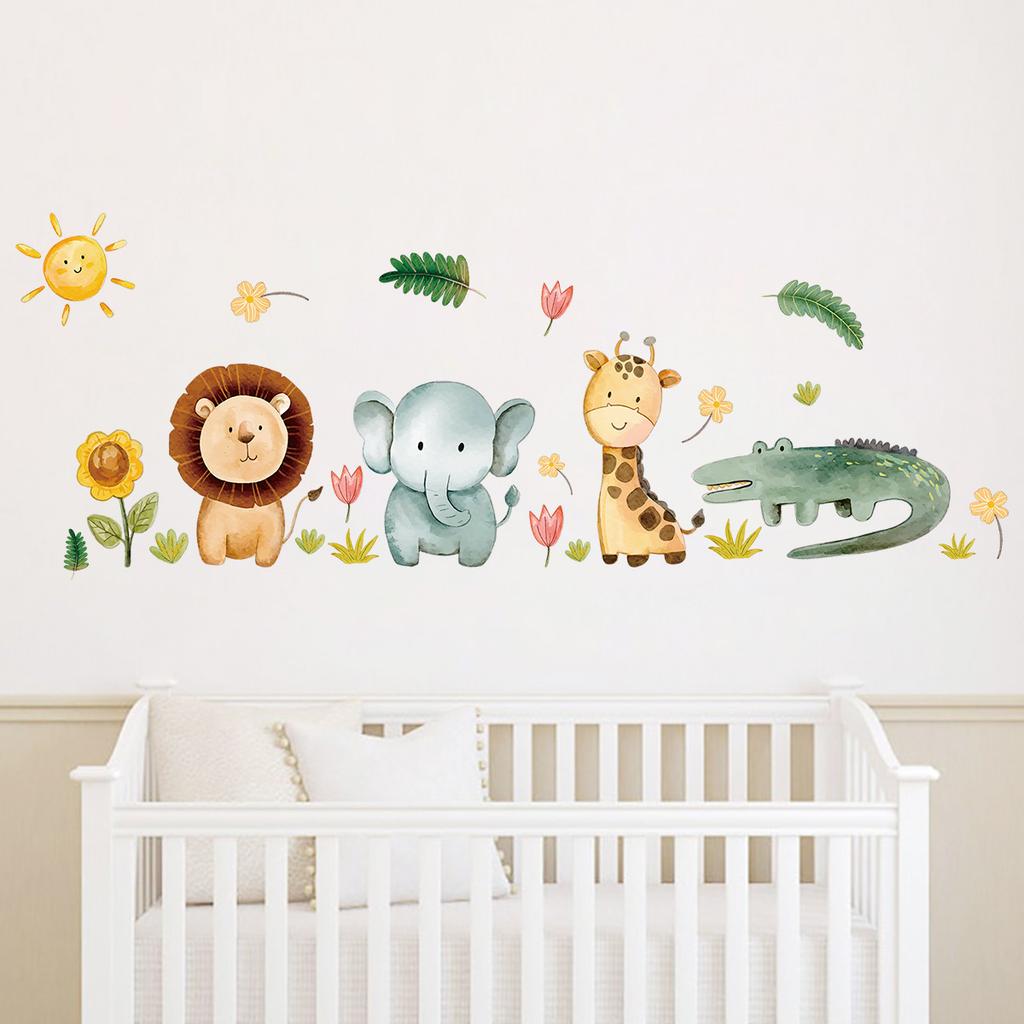 Cartoon Niedlich Löwe Elefant Giraffe Baum Wald Tiere Wandaufkleber für Schlafzimmer Wohnzimmer Kinderzimmer Dekoration Wanddekal