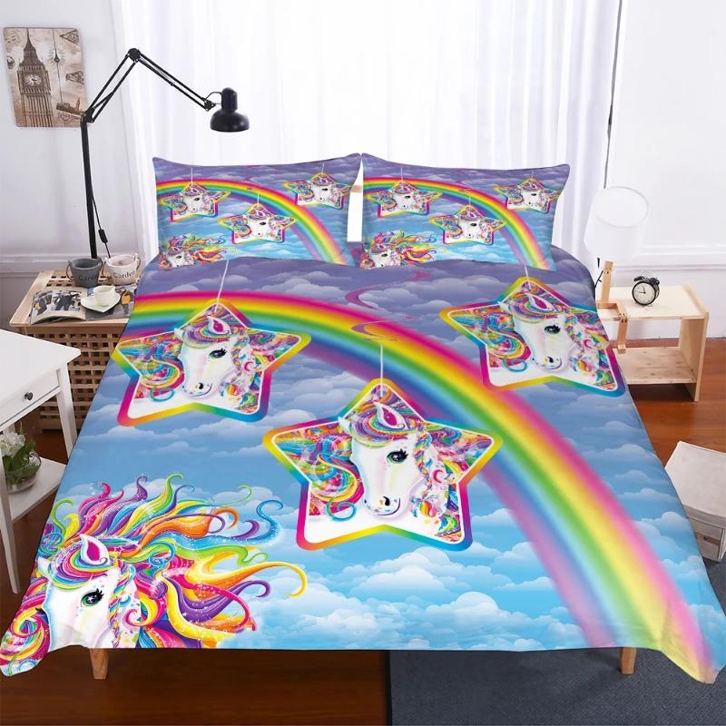 Reactive Printing Blue Sky Unicorn Duvet Cover Set Home Textile Unicorn Bedding Set Cartoon 135x200 Housse De Couette Cute BB580