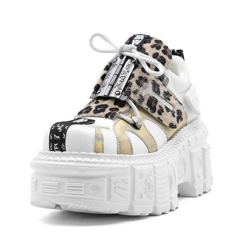 Fashion Shoes for Women Black Leather Casual Shoes Dark Punk Rock Platform Shoes Men's Women's Chunky Sneaker Metal Locomotive Men Boots