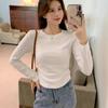 Curved hem front shoulder top women's simple card waist pleated long-sleeved shirt autumn design bottoming shirt