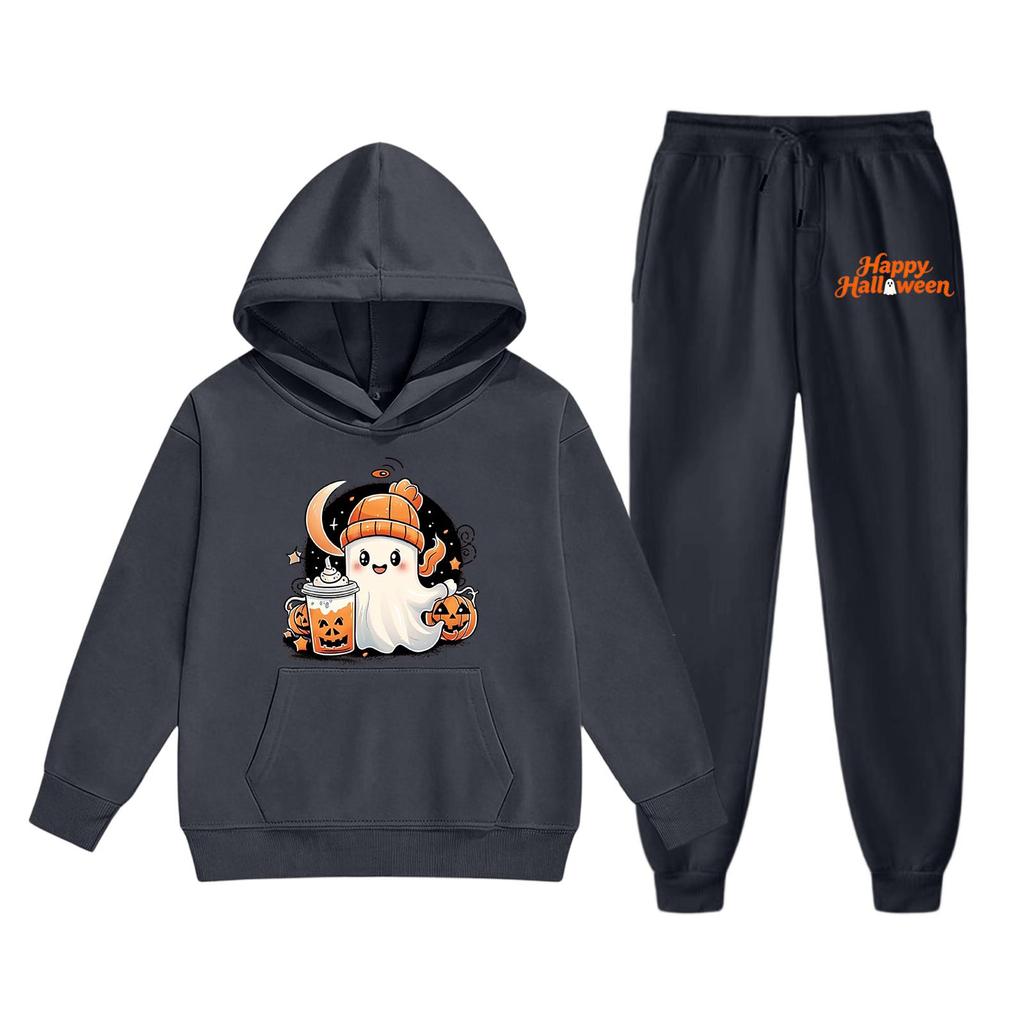 Kids Halloween Hoodie Set Ghost Print Pullover Sweatshirt and Pants Outfit Soft Comfortable Fabric Suitable for Fall and Winter Wear