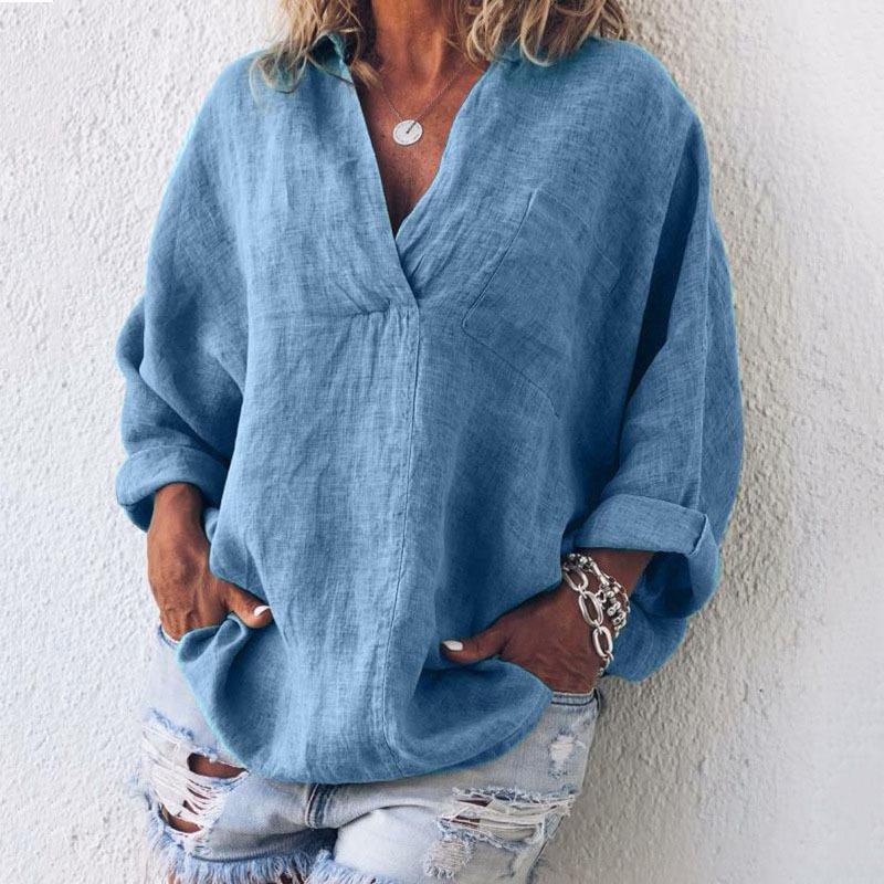 Women's Fashion Casual Cotton Linen V-Neck Long Sleeve Pullover Top