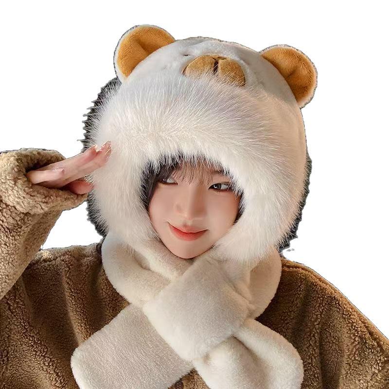 Plush Thickened Winter Hat with Scarf & Ear Protection – Cute Capybara Design for Women & Students