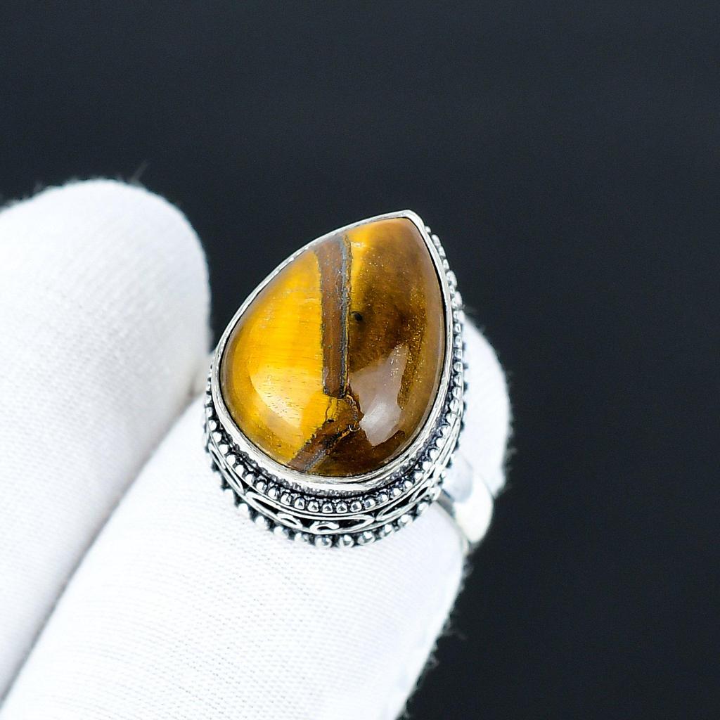 Inel cu Piatră Prețioasă Ochi de Tigru Natural, Bijuterii din Argint Sterling 925, Inel Lucrat Manual, Inel Statement din Argint cu Ochi de Tigru, Cadouri de Ziua de Naștere Pentru Femei