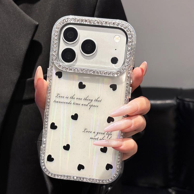 Double-sided Diamond Aurora Black Hearts Shockproof PC TPU Protective Phone Case For iPhone 16 Pro
