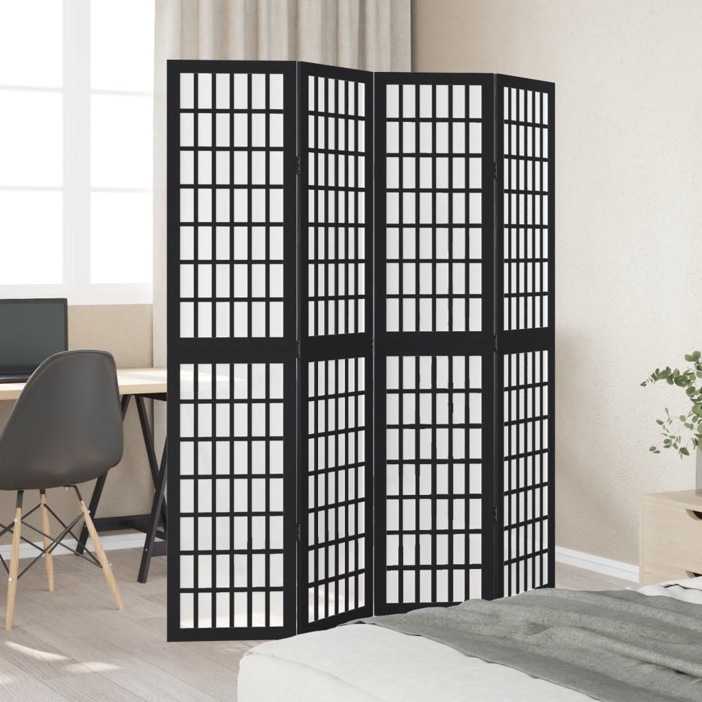 4 Piece Black Folding Screen Solid Paulownia Wood