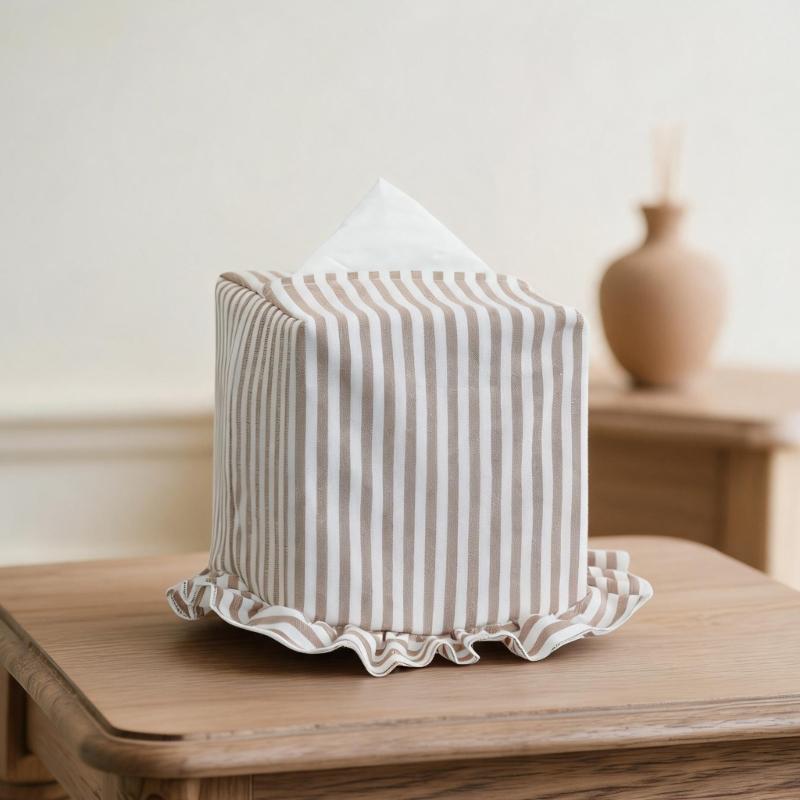 Cotton Fabric Tissue Box Cover, Lined Tissue Holder with Gathered Edge, for Bedroom Shelves in Daily Use