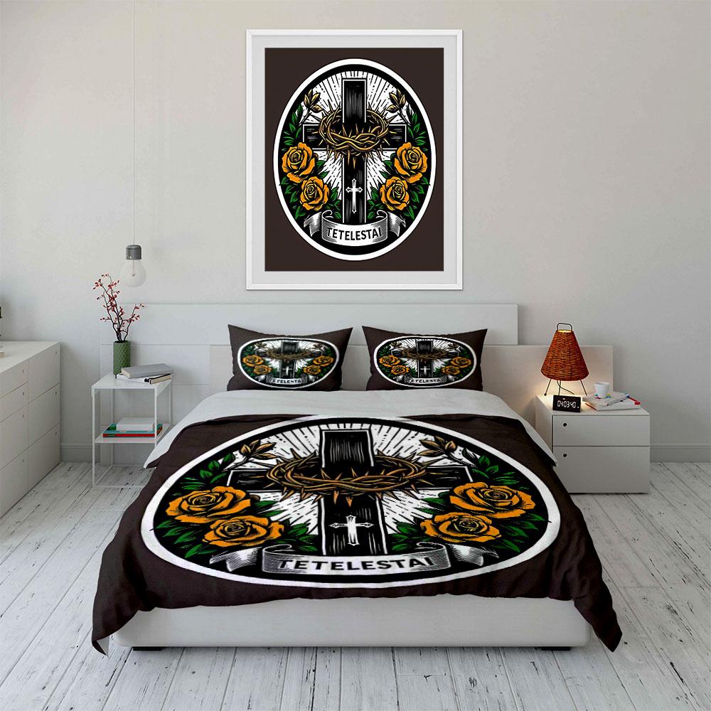 Faith-Inspired Rose Cross Set Exquisite Three-Piece Bedding Set Gift For Kids And Adults
