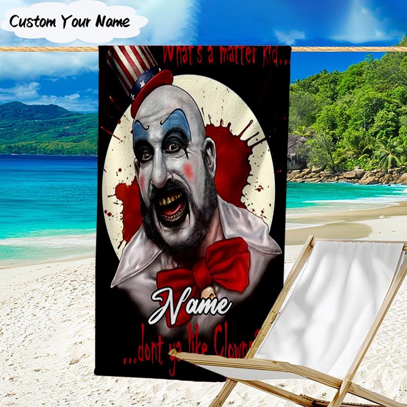 1PC Custom Name Horror Clown Artwork Heart Beach Towel, Lightweight Quick-Dry for Man Woman, for Summer Travel, Swimming Pool Birthday Gift