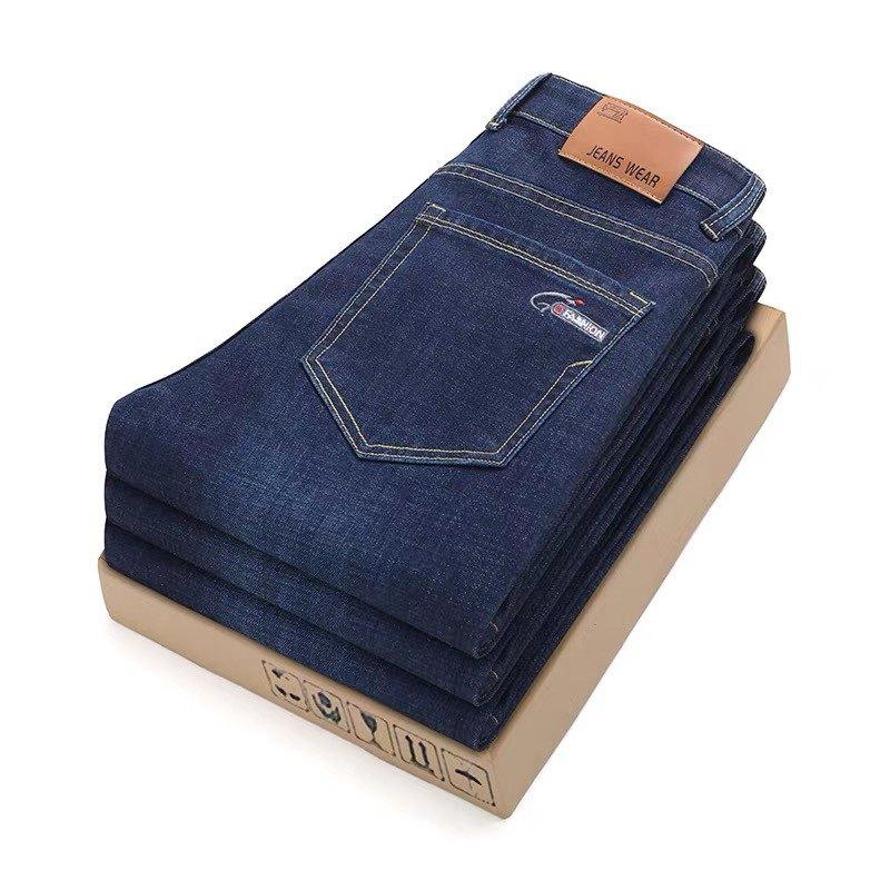 Autumn and Winter Fleece Thickened Jeans Loose Straight Pants Versatile Business Elastic Thermal Trousers