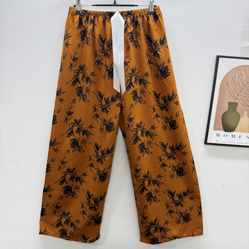 Damen-Blumen-Baumwoll-Seiden-Pyjama - Große Größen, Sommer, Leicht, Für draußen, Gerades Bein, Lockerer Schnitt