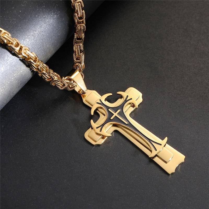 Titanium Steel Long Necklace European And American Domineering Pattern Three Layer Cross Pendant Necklace