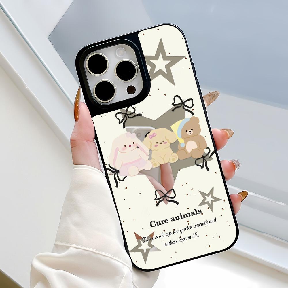 

Зеркальный чехол для телефона для iPhone 15 11 13 14 для 15 16 Pro Max 12 13 16 Pro Чехол для телефона в милом стиле с облаками, цветами и животными iPhone 16 чёрный