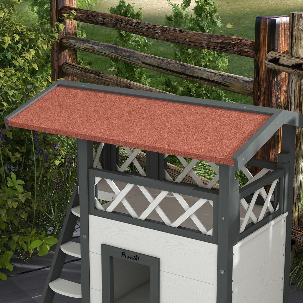 Outdoor Cat House with Terrace and Wooden Ladder, 77x50x73cm, White and Grey