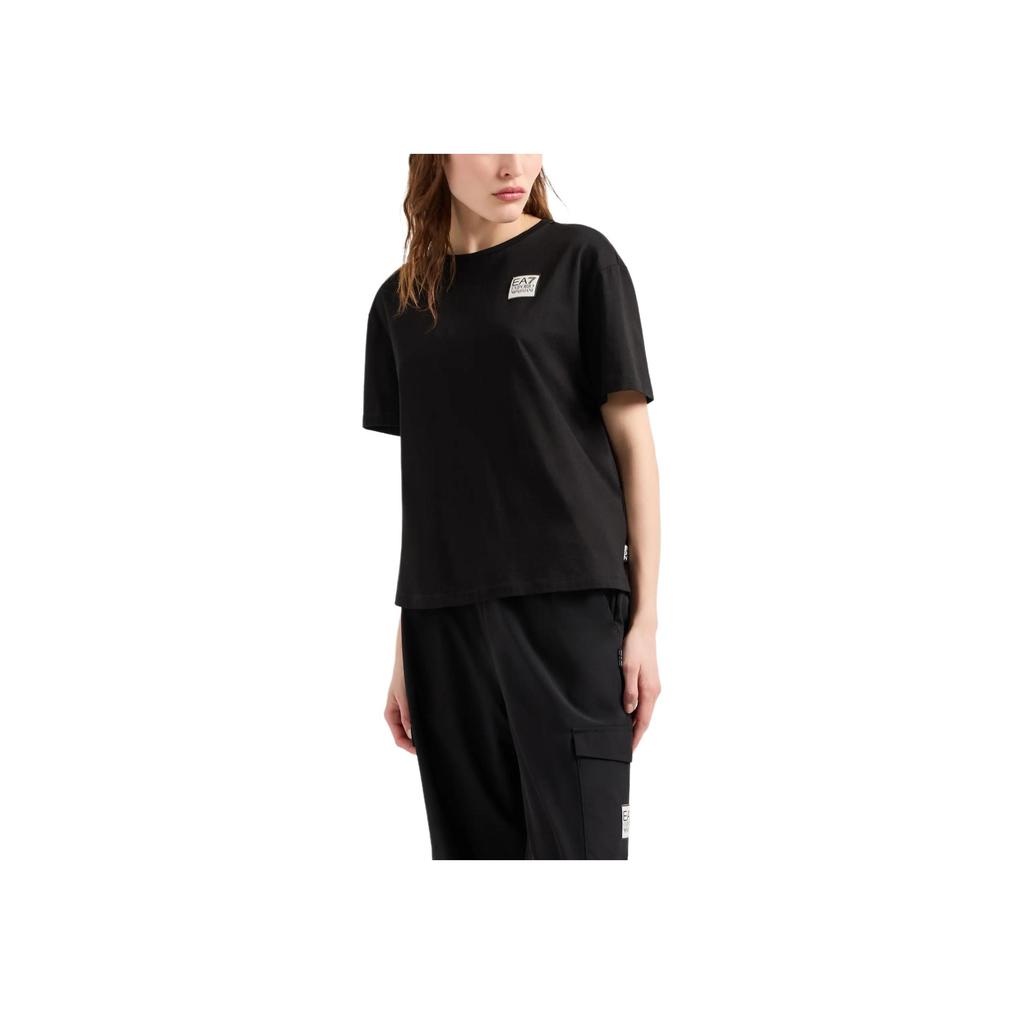 Emporio Armani EA7 SS24 Letter Logo Appliqué Round Neck Short Sleeve T-Shirt Women Tops Black 6DTT28-TJLOZ-1200