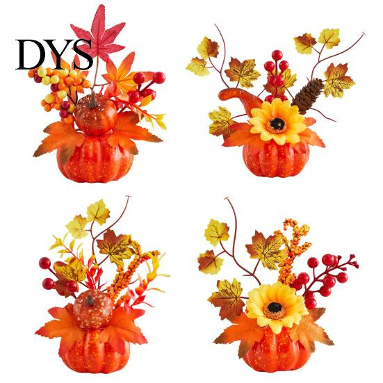 Autumn Seasonal Counter Display Fall Artificial Pumpkin Table Centerpiece, Fake Decoration with Sunflowers Decor Maple Leaves Berries for Thanksgiving