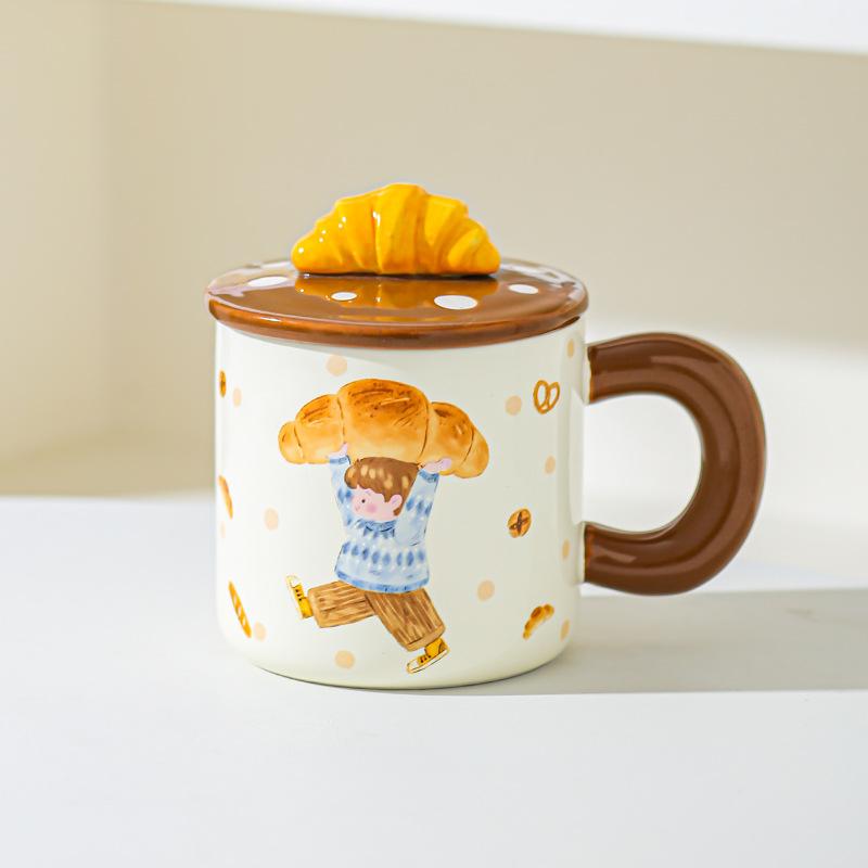 Dessert Bread Boy Girl Ceramic Mug Couple Cup Water Cup with Lid Cute Cup Underglaze Color for Girls