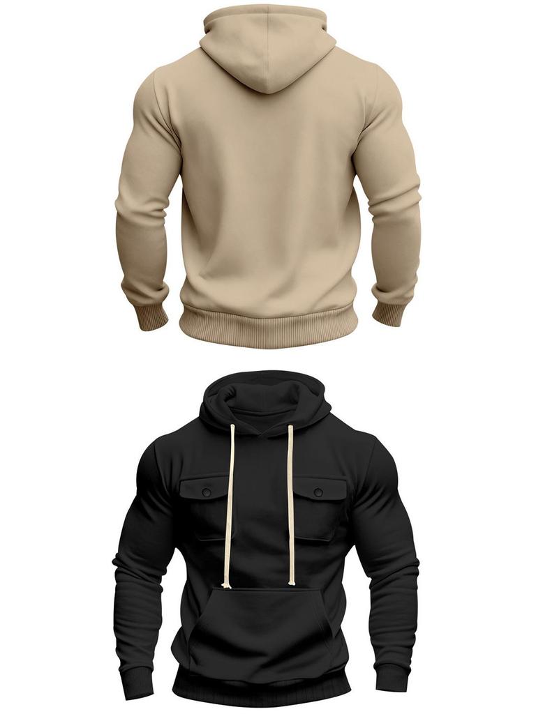 Men's American Style Heavyweight Plus Velvet Hooded Outdoor Workwear Sweatshirt - Multi-Pocket, Long Sleeve, Autumn/Winter Warmth