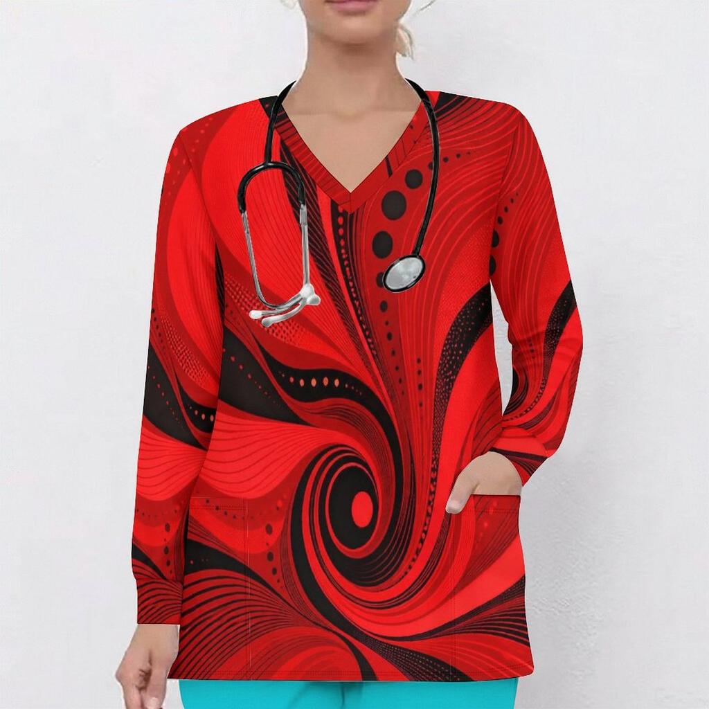 Women Plus Size Teal Black Gold Marble Printed Nurse Scrub Top V Neck Long Sleeve With Front Pockets