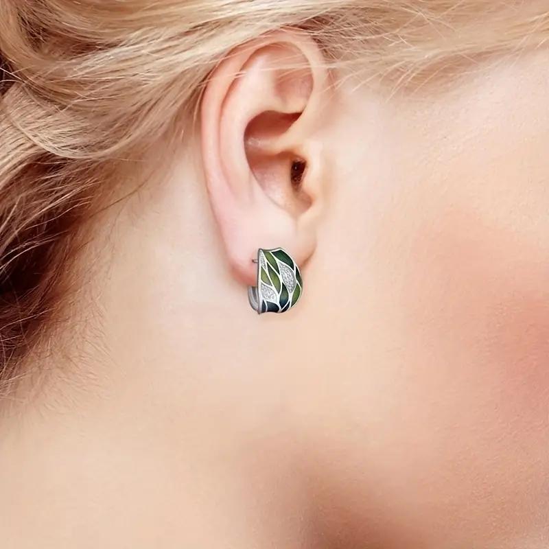 Leaf Print With Shiny Zircon Decor Hoop Earrings for Women Bohemian Elegant Style Copper Color Jewelry Daily Wear Accessories