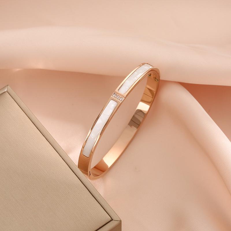 Htpwe Stainless Steel Rectangular Shell Inlaid Zirconium Bracelet Women 18kGold Couple Holiday Gift Bracelet Party Daily Zircon