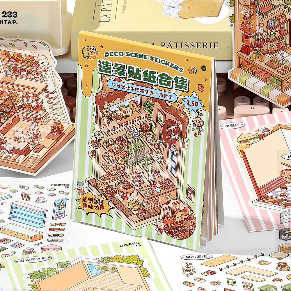 13 Pcs In 1 Book Cartoon 2.8D Landscape Sticker DIY Pocket Cabin Scene Stacking and Stick Stickers Gift for Kid Child Student