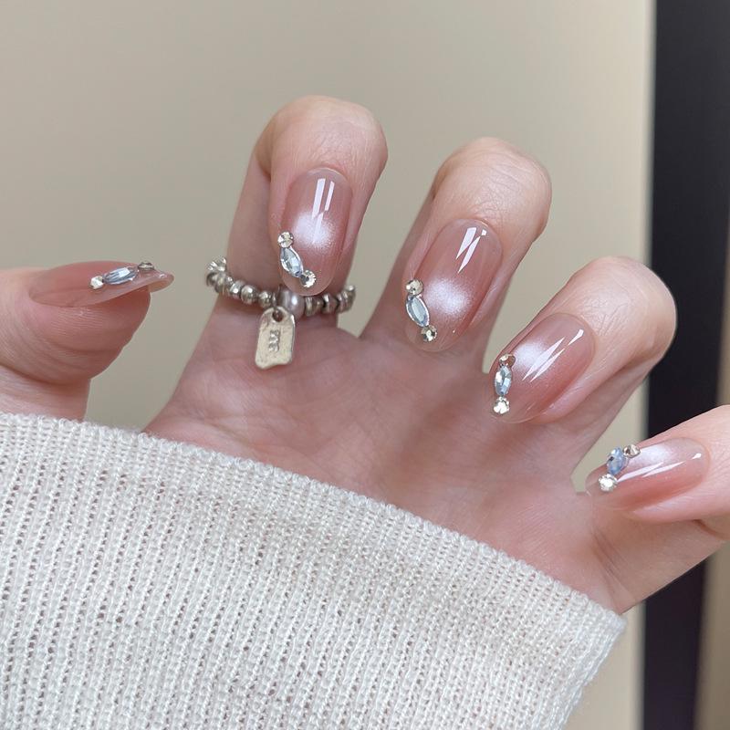 Trendy Handmade Cat-Eye Glitter Blush Press-On Nails, Xiaohongshu Spicy Girl False Nail Tips