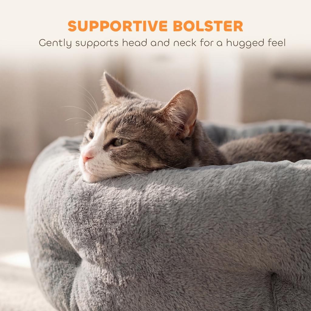 Cat Bed, Reversible Dog Pet Bed for Indoor Cats and Small Dogs, Round Bed with Supportive Bolster, Dark Grey