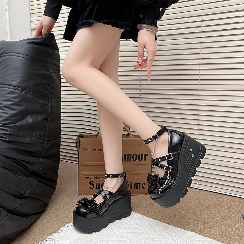 2025 Nové japonské vintage gotické lolita boty vysoké podpatky 9,5 cm sladké loli dívky kytarová dekorace pu studentské jediné boty