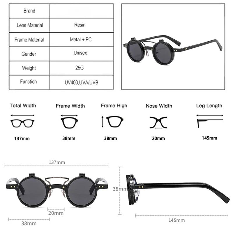 Fashion Small Round Punk Double Bridges Women Sunglasses Retro Flip Lens Shades UV400 Men Rivets Sun Glasses