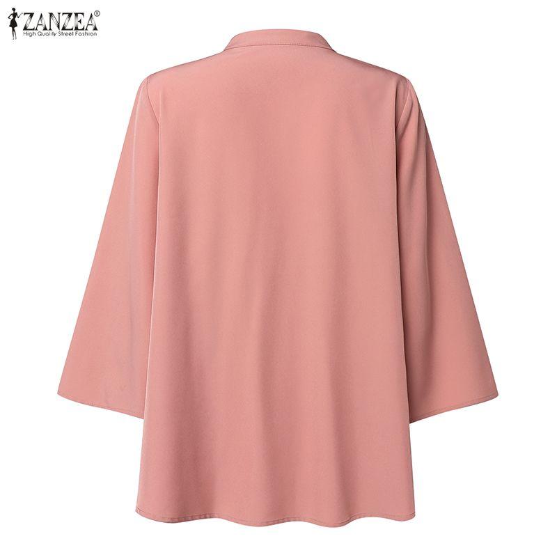 ZANZEA Women Casual Round Neck Solid Color 3/4 Sleeve Loose Blouse