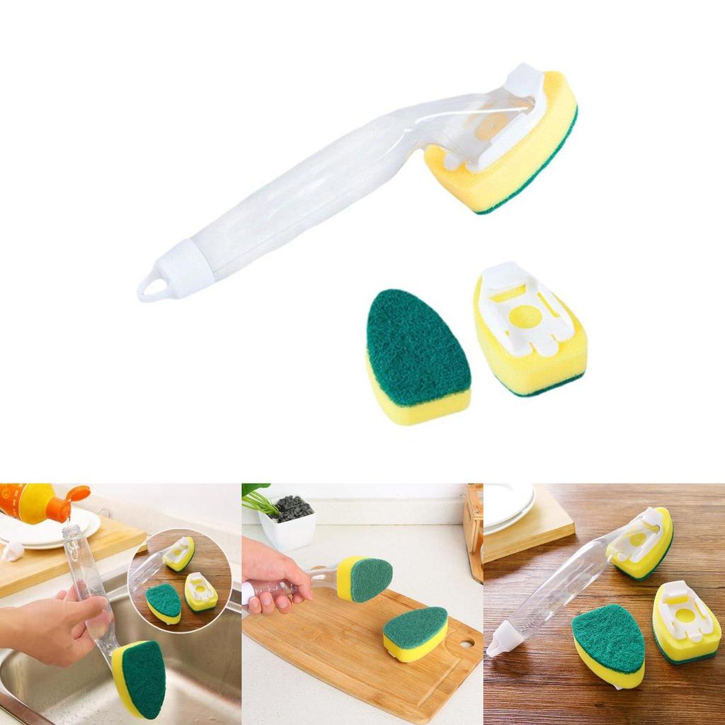 Kitchen Cleaning Sponge Brush With Extended Handle And Detergent Dispenser