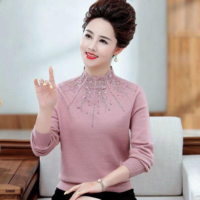 Women's Plus Size Sweater Winter Half-Turtleneck Solid Color Rhinestone Knit Pullover Sweater