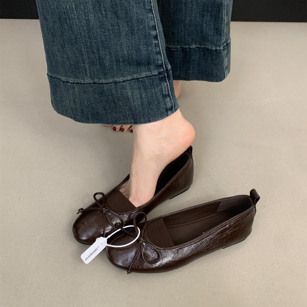 Retro Bow Doudou Shoes Women's 2025 New Japanese Round Head Shallow Mouth Single Shoes Women's Flat Bottom Ladyshoes Grandma Shoes