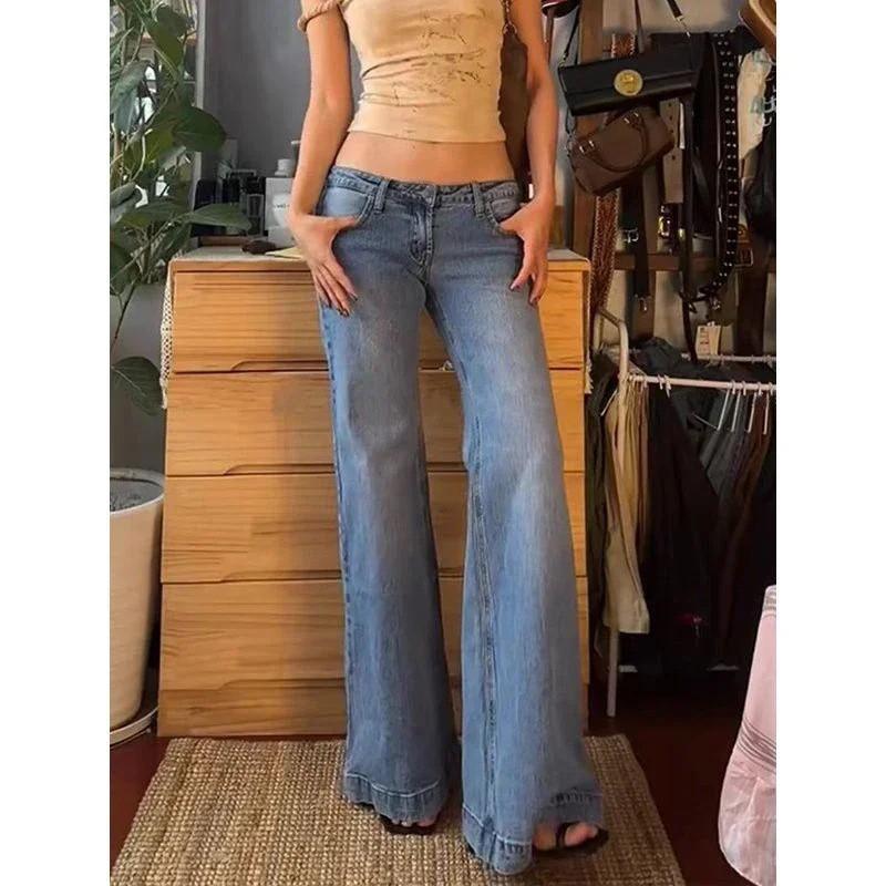 Low Rise Washed Flare Jeans Women Y2K Casual Straight Leg Wide Pants Ins Style