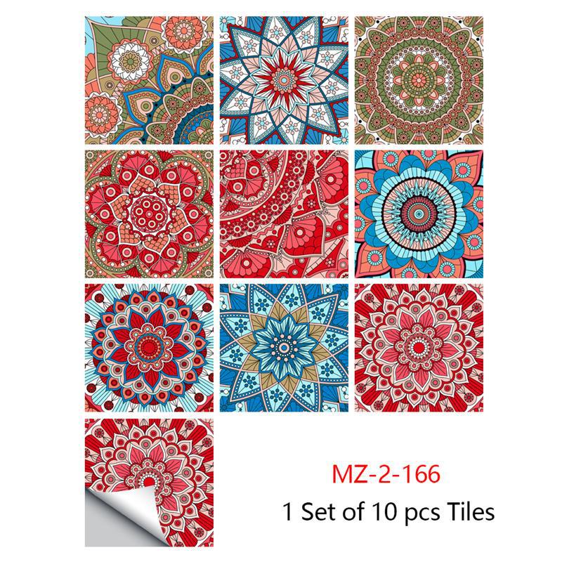 10pcs Mandala Crystal Hard Tiles Ceramic Wall Stickers Peel Stick Decals for Kitchen Wardrobe Home Decor Art Mural DIY