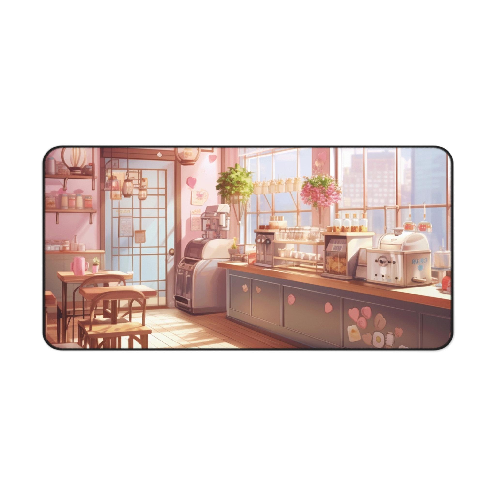 Anime Coffee Shop Desk MatAnime DecorationDreamy Japanese Mouse PadAnime Pastel Mouse PadCute Pastel Gaming MatRetro Office LockEdge 400x800x2mm