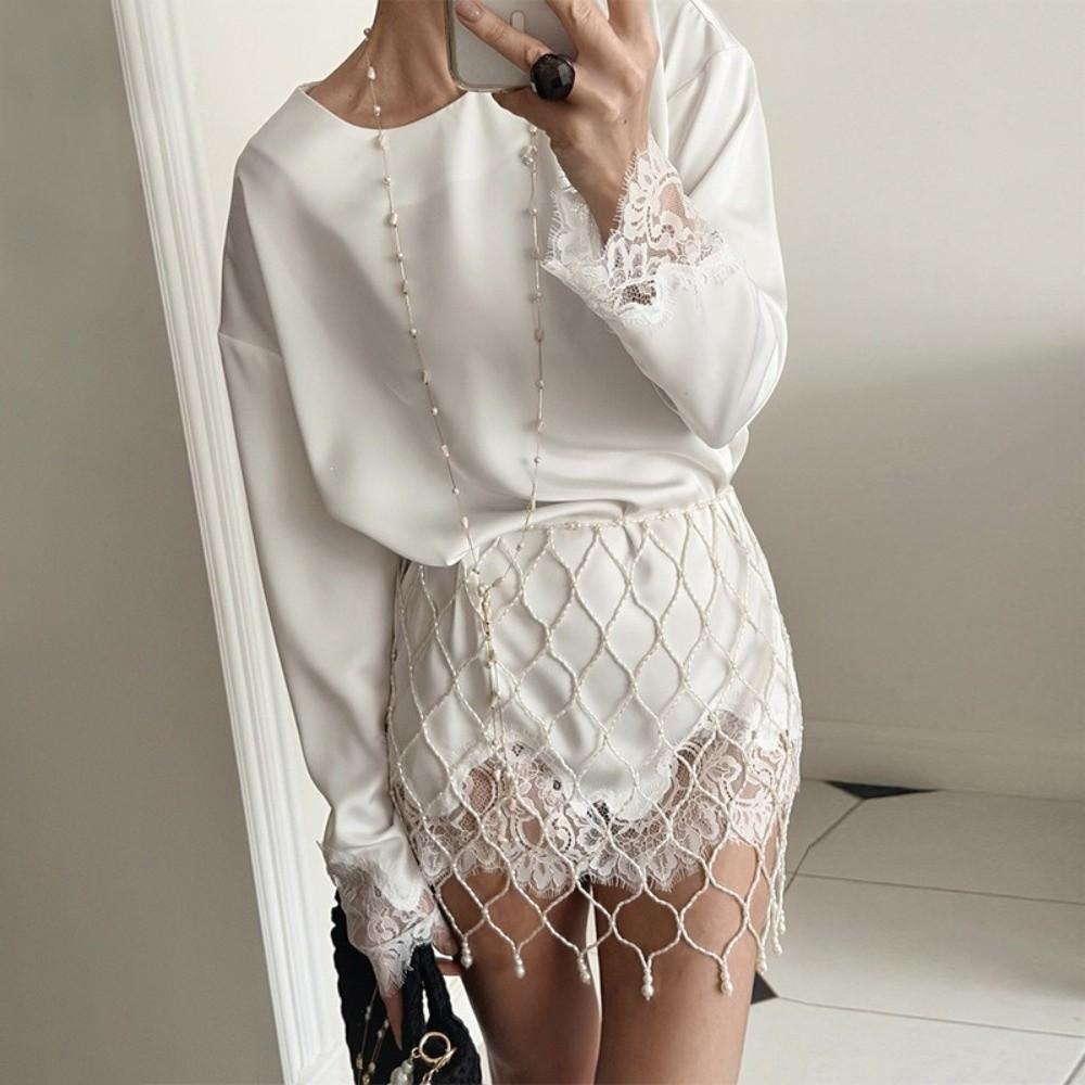 Lace Trim Long Sleeve T-shirt O-Neck Tunic Tops Fashion Beach Robe  Summer Wear
