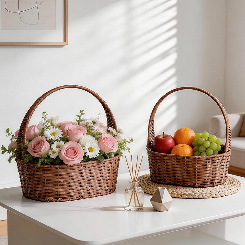 Pastoral Woven Rattan Flower Basket for Home Storage and Picking
