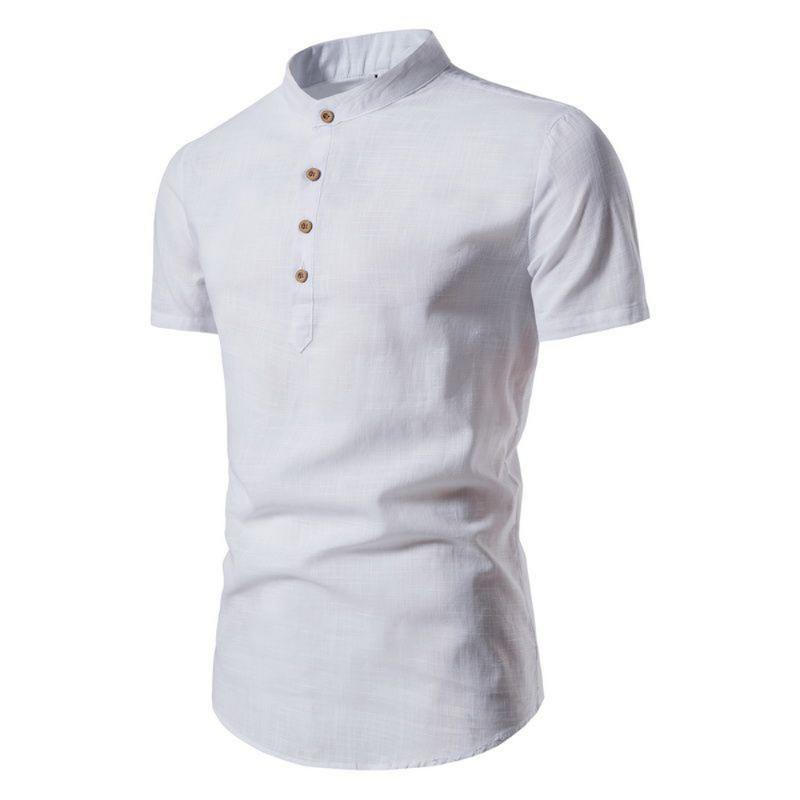 Baumwolle Leinen Herren Kragen Knopf Langarm Tops Sommer Grandad Shirt Bluse T-Shirt