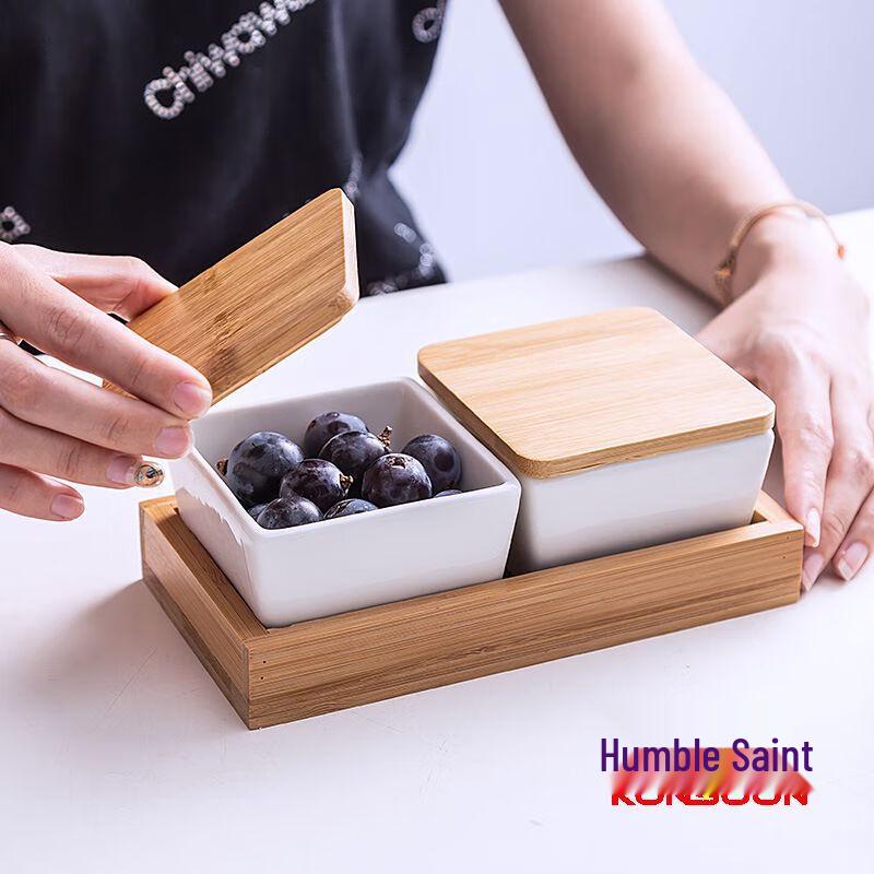 Qianxing Ceramic Divided Snack Platter Set with Bamboo Lid