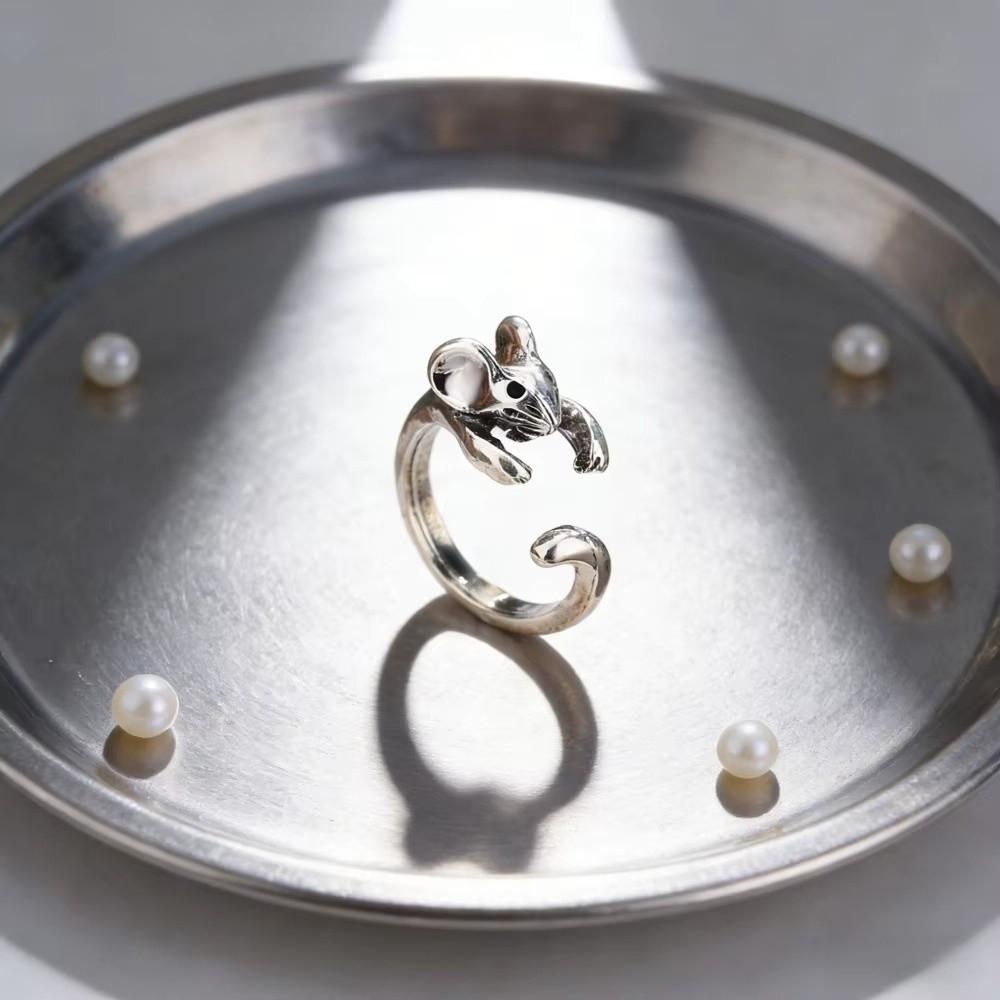 Zinc Zinc Alloy Adjustable Ring Silver Animal Ring Fashion Retro Mouse Ring  Gift